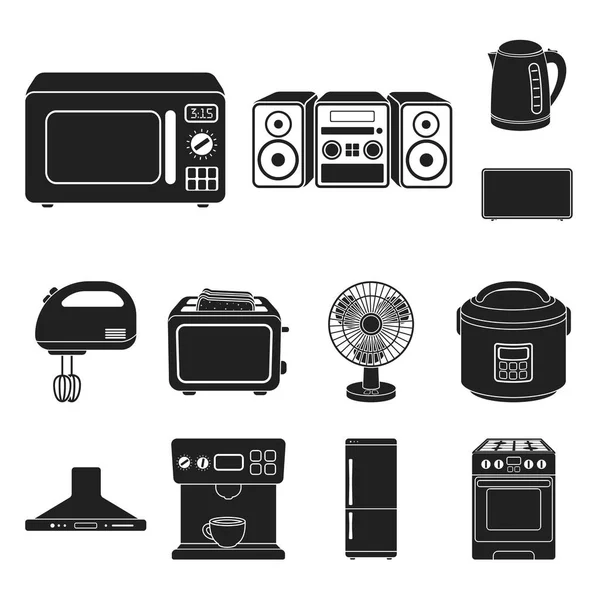 Soorten huishoudelijke apparaten zwarte pictogrammen in set collectie voor design. Keuken apparatuur vectorillustratie symbool voorraad web. — Stockvector