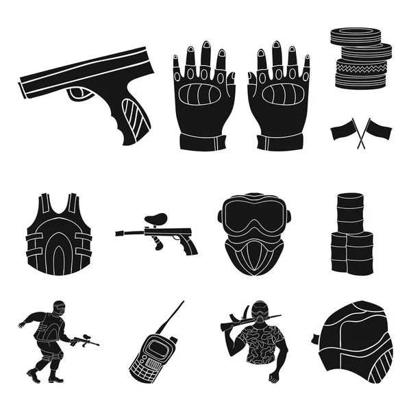 Paintball takım set koleksiyonu tasarım için oyun siyah simgeler. Ekipman ve kıyafet sembol stok web illüstrasyon vektör.