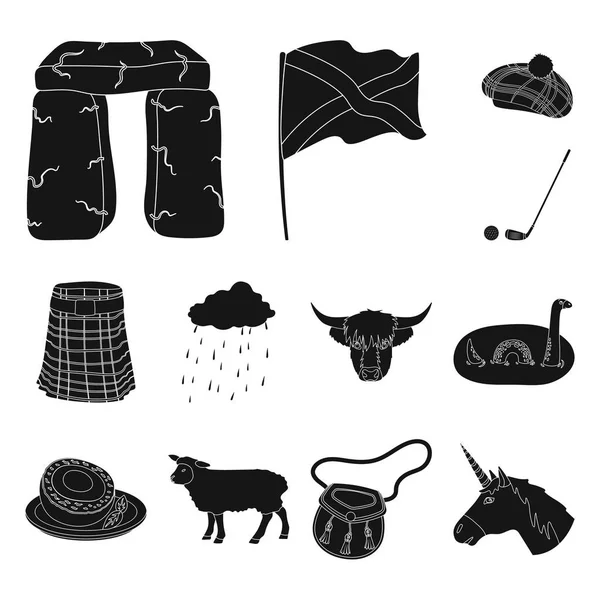 Land Schottland schwarze Symbole in Set-Kollektion für Design. Sightseeing, Kultur und Tradition Vektor Symbol Stock Web Illustration. — Stockvektor