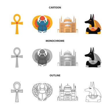 Anubis, Ankh, Cairo citadel, Mısır böceği. Antik Mısır koleksiyonu Icons set çizgi film, anahat, tek renkli stil vektör simge stok çizim web.