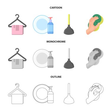 Temizlik ve hizmetçi çizgi film, anahat, set koleksiyonu tasarım için tek renkli simgeler. Vektör simge stok web illüstrasyon Temizleme için donatım.