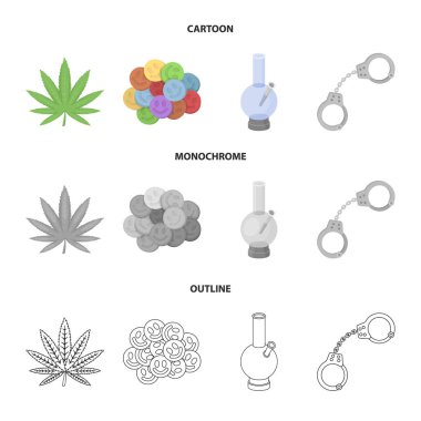 Kenevir yaprak, ecstasy hap, kelepçe, bong. Uyuşturucu koleksiyonu Icons set çizgi film, anahat, tek renkli stil vektör simge stok çizim web.