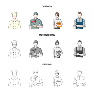 Aşçı, ressam, öğretmen, çilingir makinist. Meslek koleksiyonu Icons set çizgi film, anahat, tek renkli stil vektör simge stok çizim web.