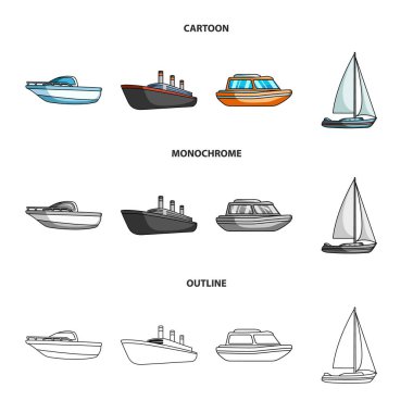 Koruma tekne, cankurtaran, kargo gemi, spor yat. Gemi ve Su ulaştırma araçları koleksiyonu Icons set çizgi film, anahat, tek renkli stil vektör simge stok çizim web.