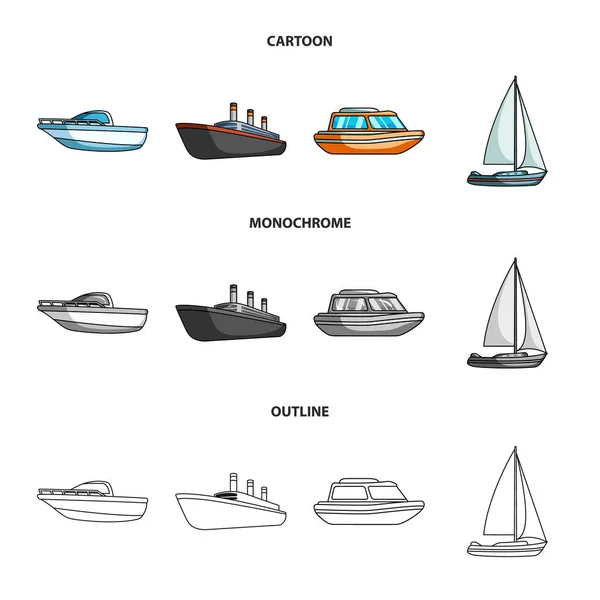 Защитная лодка, спасательная шлюпка, грузовой пароход, спортивная яхта.Ships и водный транспорт набор значков сбора в мультфильме, очертания, векторные символы векторного стиля паутину иллюстрации . — стоковый вектор