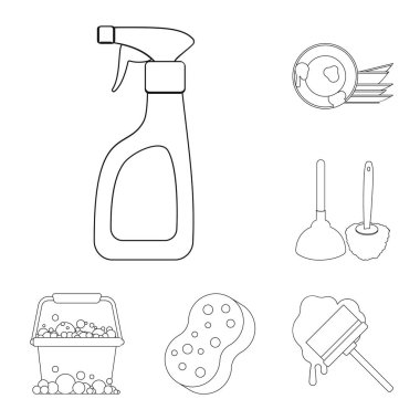 Temizlik ve hizmetçi set koleksiyonu tasarım için simgeleri anahat. Vektör simge stok illüstrasyon Temizleme için donatım.
