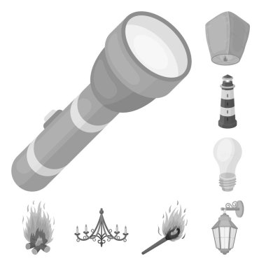 Set koleksiyonu tasarım için ışık kaynağı tek renkli simgeler. Işık ve ekipman sembol stok illüstrasyon vektör.