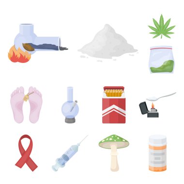 Uyuşturucu bağımlılığı ve öznitelikleri set koleksiyonu tasarım için simgeleri karikatür. Sembol stok web illüstrasyon vektör bağımlısı ve uyuşturucu.