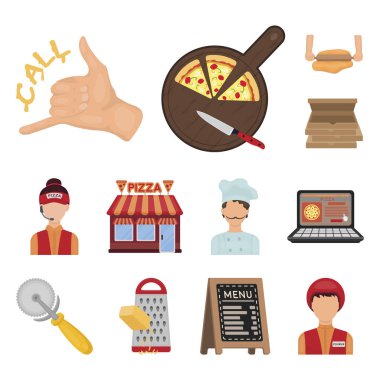 Set koleksiyonu tasarım için pizza ve pizza karikatür simgeler. Personel ve ekipman sembol stok web illüstrasyon vektör.