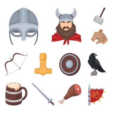 Vikingler ve öznitelikleri set koleksiyonu tasarım için simgeleri karikatür. Eski İskandinav savaşçı vektör simge stok web çizimi.