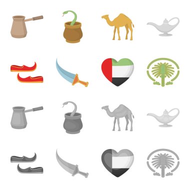 Doğu ayakkabı, hançer, emirates, kalbinde Palm Jumeirah.Arab Emirlikleri çizgi film, tek renkli stil vektör simge stok çizim web simgeler ayarla.