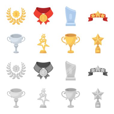 Gümüş Kupası ikincilik için stand, bir yıldız, bir gold Kupası ile bir fincan altın yıldız. Kupalar ve ödüller çizgi film, tek renkli stil vektör simge stok çizim web simgeler ayarla.
