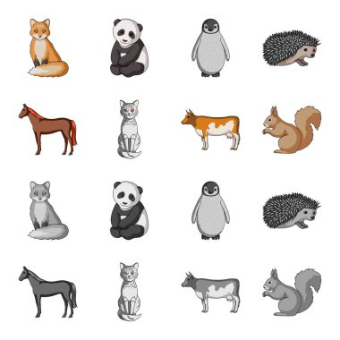 At, inek, kedi, sincap ve diğer hayvanlar. Hayvanlar karikatür, tek renkli stil vektör simge stok çizim web simgeler ayarla.