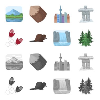 Kanada köknar, kunduz ve diğer sembollerin Canada.Canada çizgi film, tek renkli stil vektör simge stok çizim web simgeler ayarla.