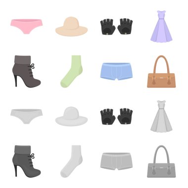 Kadın botları, çorap, şort, bayanlar çanta. Çizgi film, tek renkli stil vektör simge stok çizim web giyim koleksiyonu Icons set.