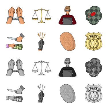 Soygun saldırı, parmak izi, polis rozeti, yankesici. Suç toplama simgeler çizgi film, tek renkli stil vektör simge stok çizim web ayarla..