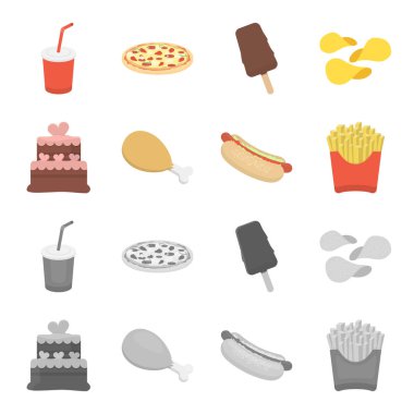 Pasta, jambon, sosis, patates kızartması. Fast food toplama simgeler çizgi film, tek renkli stil vektör simge stok çizim web ayarla..