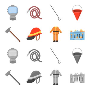 AX, kask, Üniforma, Bina yanıyor. Yangın departmentset çizgi film, tek renkli stil vektör simge stok çizim web simgeler ayarla.