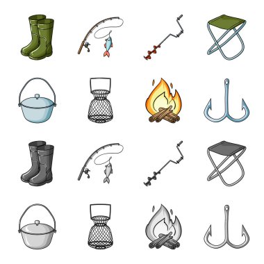 Catch, kanca, kafes, pudra. Balık tutma toplama simgeler çizgi film, tek renkli stil vektör simge stok çizim web ayarla..