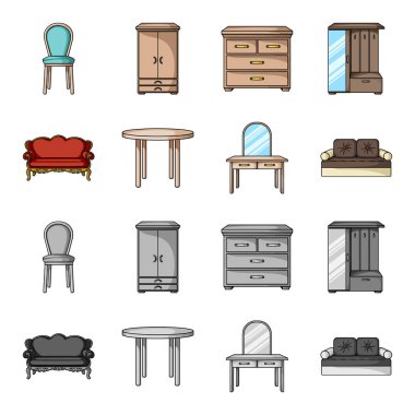 Kanepe, koltuk, Masa, ayna. Çizgi film, tek renkli stil vektör simge stok çizim web mobilya ve ev interiorset toplama simgeler.