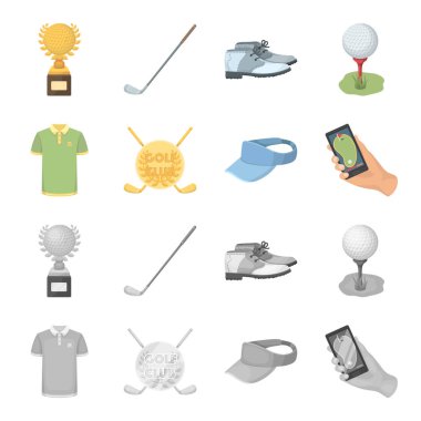 Golf club, güneşlik, golfçü gömlek, telefon bir navigator ile kap arması. Golf Kulübü çizgi film, tek renkli stil vektör simge stok çizim web simgeler ayarla.