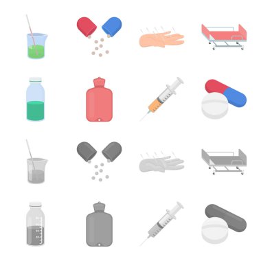 Çözüm, daha sıcak, şırınga, hap. İlaç toplama simgeler çizgi film, tek renkli stil vektör simge stok çizim web ayarla..