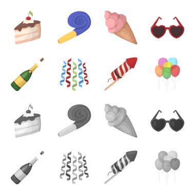Şampanya, havai fişek ve parti diğer aksesuarları. Parti ve partits çizgi film, tek renkli stil vektör simge stok çizim web simgeler ayarla.