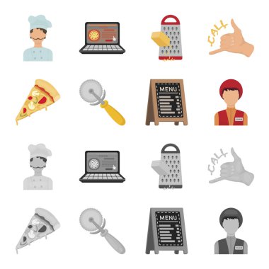 Bir pizza kesici, bir dilim, bir menüde bir pizzacı, bir kurye. Pizza ve pizza çizgi film, tek renkli stil vektör simge stok çizim web simgeler ayarla.