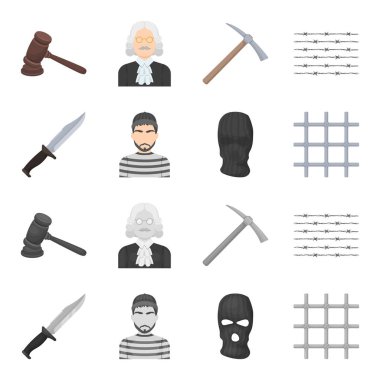Bıçak, mahkum, yüz, çelik Panjur maske. Hapishane toplama simgeler çizgi film, tek renkli stil vektör simge stok çizim web ayarla..