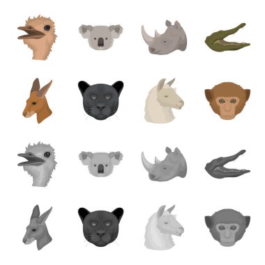 Kanguru, Lama, maymun, Panter, gerçekçi hayvanlar karikatür, tek renkli stil vektör simge stok çizim web simgeler ayarla.