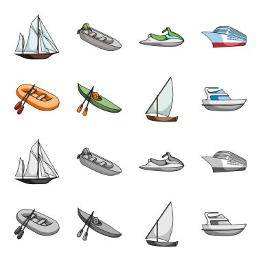Balıkçılık Tekne, bir kayık kürek ile bir balık tutma schooner, motor yat bir lastik. Gemi ve Su ulaştırma araçları toplama simgeler çizgi film, tek renkli stil vektör simge stok illüstrasyon ayarla .