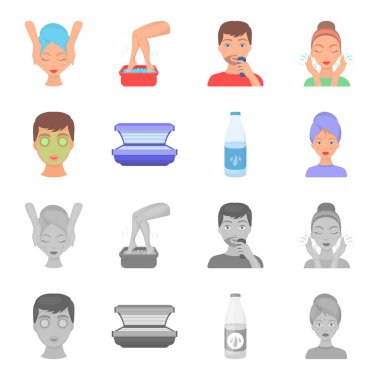Yüz maskesi, Solaryum, şişe ts lasenom, yüzünde sivilce. Cilt Bakımı toplama simgeler çizgi film, tek renkli stil vektör simge stok çizim web ayarla..