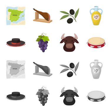 Todeador, matador, bir avuç üzüm ile yumruk, bir boğa için İspanyol boğa güreşi, bir tef şapka. İspanya ülke toplama simgeler çizgi film, tek renkli stil vektör simge stok ayarla.
