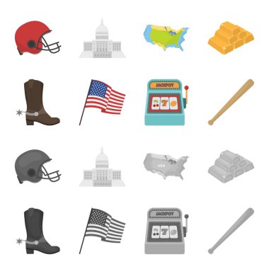 Kovboy çizmeleri, ulusal bayrak, slot makinesi, beyzbol sopası. ABD ülke toplama simgeler çizgi film, tek renkli stil vektör simge stok çizim web ayarla..