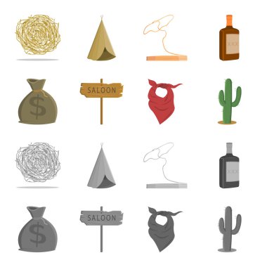 Para, salon, kovboy fuları, kaktüs torba. Vahşi Batı toplama simgeler çizgi film, tek renkli stil vektör simge stok çizim web ayarla..