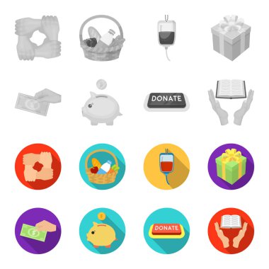 El ile para poshestvovaniya, hayır için bir kumbara, bir düğme ile bir yazıt, ellerindeki körler için bir kitap için. Yardım ve bağış toplama simgeler tek renkli ve düz tarzda ayarla