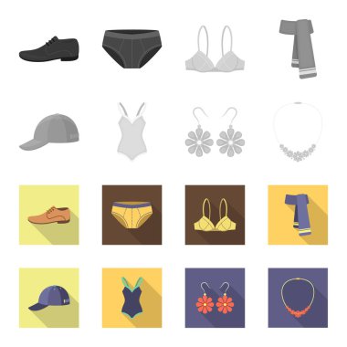 Kapağı, küpe, kolye, mayo. Tek renkli, düz stil vektör simge stok çizim web giyim koleksiyonu Icons set.