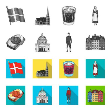 Danimarka, Tarih, Restoran ve diğer web simgesi tek renkli, düz tarzı. Sandviç, yemek, ekmek, küme koleksiyon simgeler.