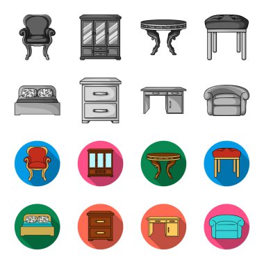 İç, tasarımı, yatak, yatak odası. Tek renkli, düz stil vektör simge stok çizim web mobilya ve ev interiorset toplama simgeler.