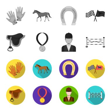 Eyer, madalya, şampiyon, kazanan. Hipodrom ve at tek renkli, düz stil vektör simge stok çizim web simgeler ayarla.