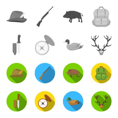 Bıçak bir kapak, bir ördek, bir geyik boynuzu, bir kapak ile bir pusula ile. Avcılık toplama simgeler tek renkli, düz stil vektör simge stok çizim web içinde ayarla..