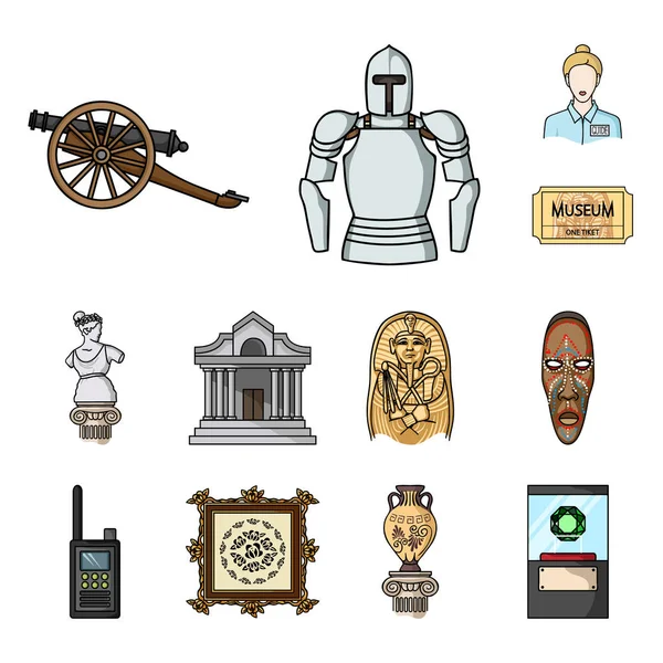 Set koleksiyonu tasarım için müze ve Galeri karikatür simgeler. Depolama ve serginin görülmeye değer parça sembol stok web illüstrasyon vektör.