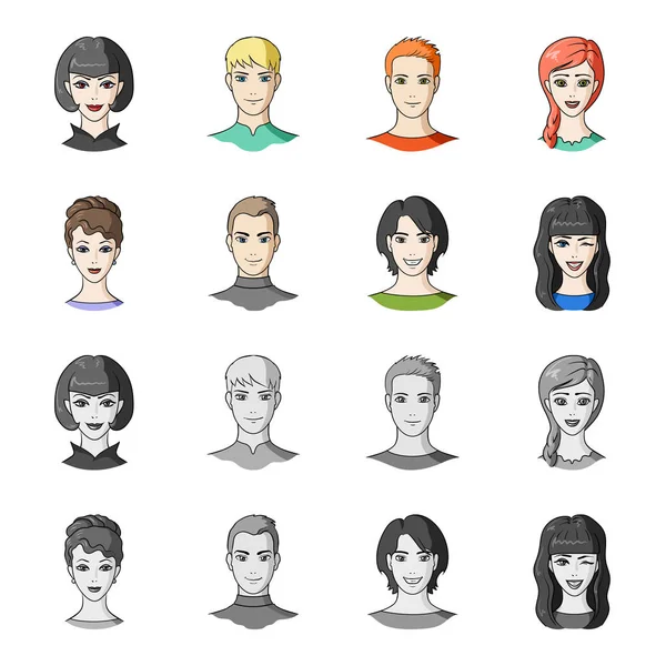 Verschillende looks van jonge mensen. Avatar en gezicht ingesteld collectie iconen in de tekenfilm, zwart-wit stijl vector symbool stock illustratie web. — Stockvector