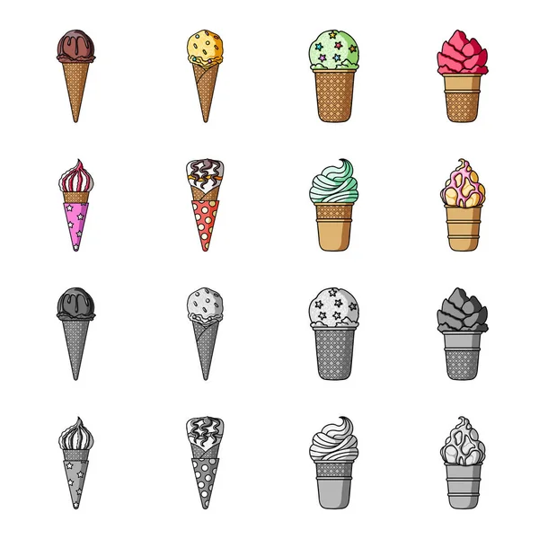 Bir gözleme koni ve diğer türler bir sopa dondurma. Dondurma toplama simgeler çizgi film, tek renkli stil vektör simge stok çizim web ayarla..