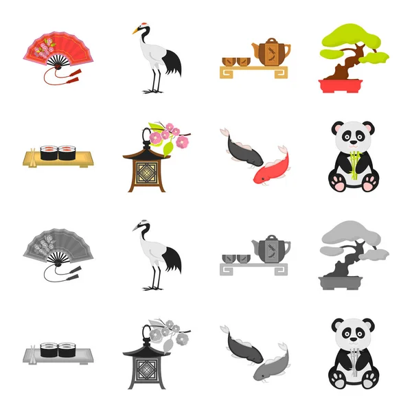 Sushi, koi vissen, Japanse lantaarn, panda. Japan instellen collectie iconen in de tekenfilm, zwart-wit stijl vector symbool stock illustratie web. — Stockvector