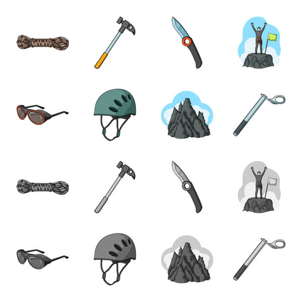 Helmet, goggles, wedge safety, peaks in the clouds.Mountaineering set collection icons in cartoon, monochrome style vector symbol stock illustration web
.
