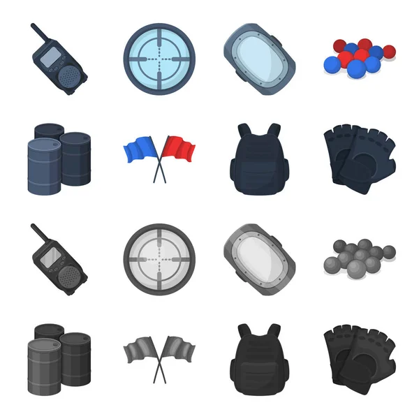 Gilet de protection, gants et autres équipements. Paintball icône unique en dessin animé, monochrome style vectoriel symbole illustration web . — Image vectorielle