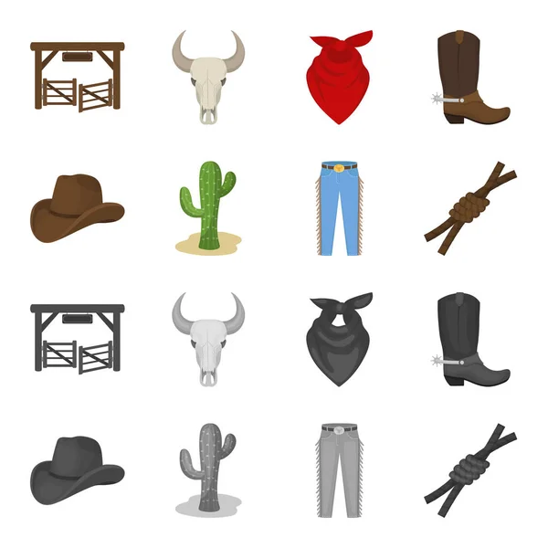 Chapéu, cacto, jeans, nó no laço. Conjunto de ícones de coleção de rodeio em desenhos animados, estilo monocromático símbolo vetorial ilustração web . —  Vetores de Stock