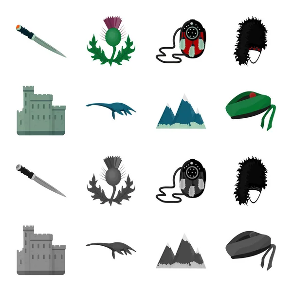 Castillo de Edimburgo, Monstruo del Lago Ness, Montañas Grampian, gorra nacional balmoral, tam o shanter. Escocia conjunto de iconos de colección en dibujos animados, el estilo monocromo vector símbolo stock ilustración web . — Vector de stock