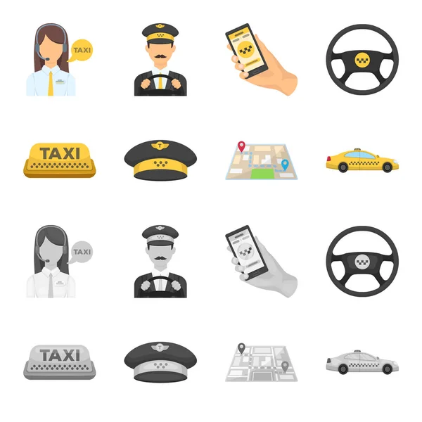 Sarı taksi yazıt, taksi rozetli bir kap, bir harita işareti, dama ile bir araba. Çizgi film, tek renkli stil vektör simge stok çizim web simgeler taksi ayarla. — Stok Vektör